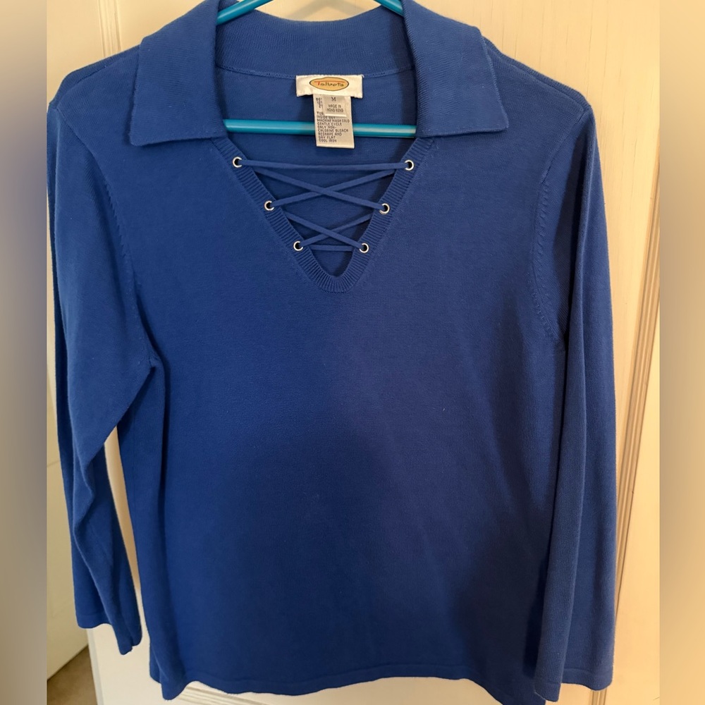 Talbots Blue Short Sleeve Top with Lace-Up Detail